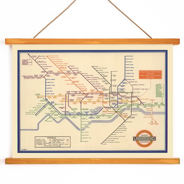 Vintage London Underground map artwork by London Transport titled London Underground Transport. Poster of a vintage London Underground map by London Transport with colorful lines and station names in a classic design.