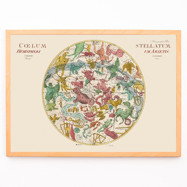 Celestial map illustration with zodiac constellations by Johann Elert Bode titled Coelum Stellatum Hemisphaerium Arietis Poster Coelum Stellatum Hemisphaerium Arietis by Johann Elert Bode depicting a colorful celestial map with constellations