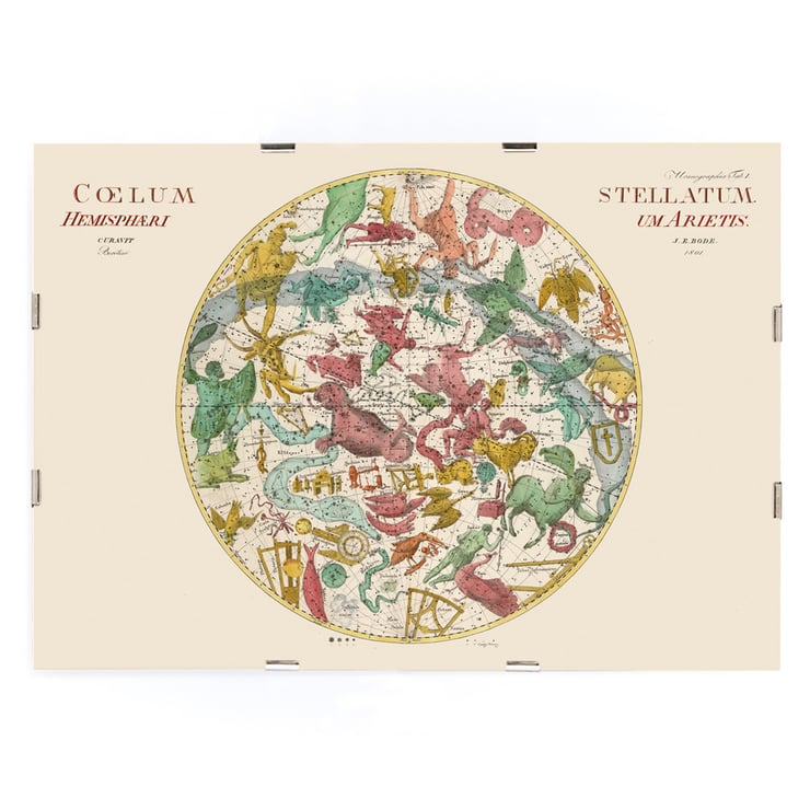 Celestial map illustration with zodiac constellations by Johann Elert Bode titled Coelum Stellatum Hemisphaerium Arietis Poster Coelum Stellatum Hemisphaerium Arietis by Johann Elert Bode depicting a colorful celestial map with constellations