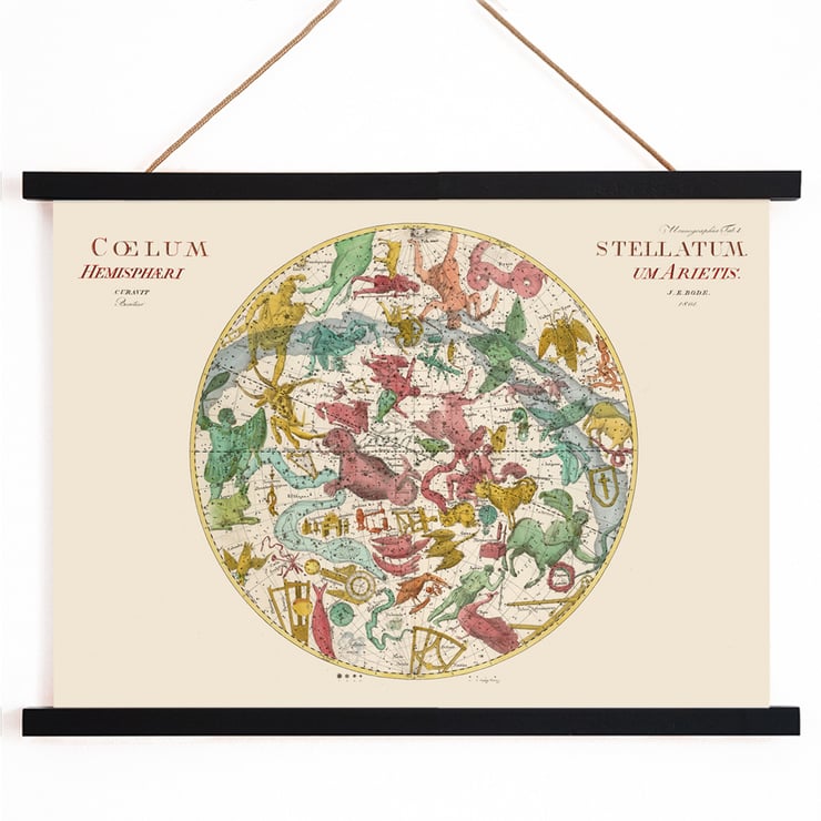 Celestial map illustration with zodiac constellations by Johann Elert Bode titled Coelum Stellatum Hemisphaerium Arietis Poster Coelum Stellatum Hemisphaerium Arietis by Johann Elert Bode depicting a colorful celestial map with constellations