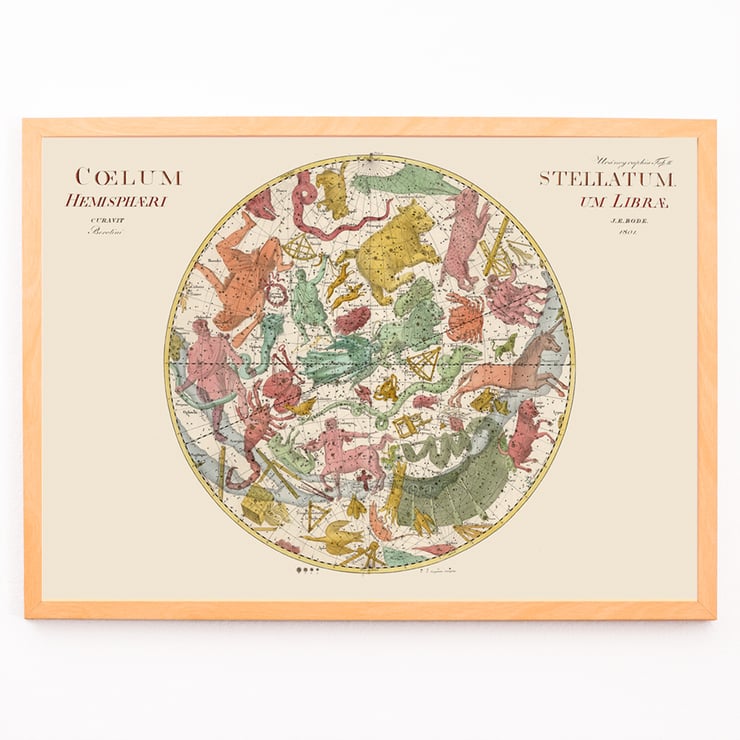 Celestial map illustration by Johann Elert Bode titled Coelum Stellatum Hemisphaerium Librae. Poster featuring the celestial map Coelum Stellatum Hemisphaerium Librae by Johann Elert Bode with colorful constellations.