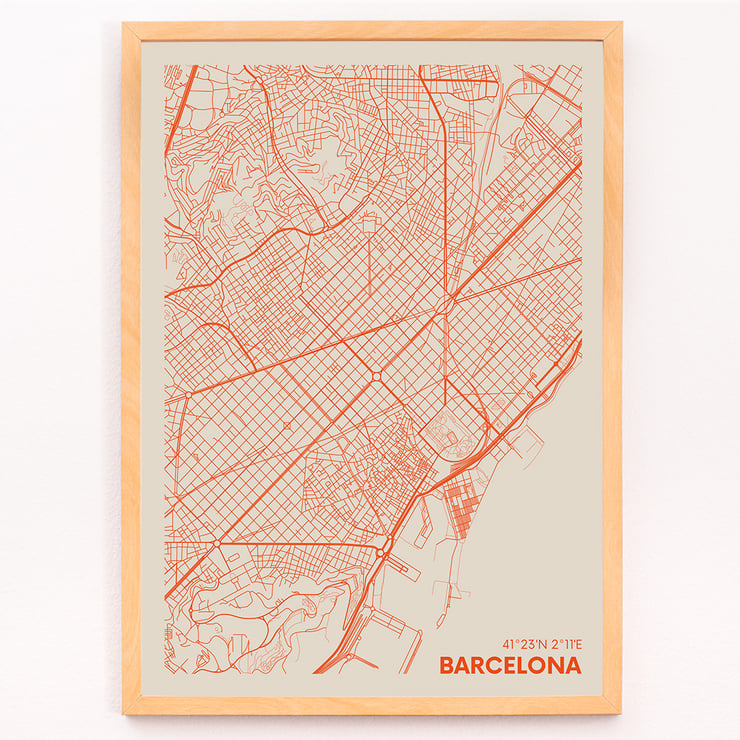 Minimalist map of Barcelona by Moryarty Poster showing a minimalist map of Barcelona titled Minimalist Map of Barcelona 1 by Moryarty with red lines on a beige background.