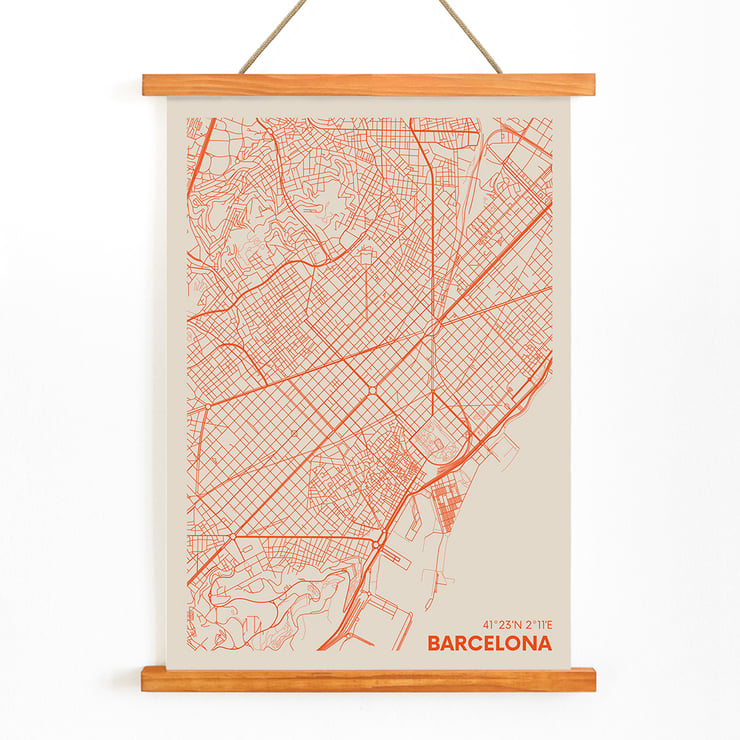 Minimalist map of Barcelona by Moryarty Poster showing a minimalist map of Barcelona titled Minimalist Map of Barcelona 1 by Moryarty with red lines on a beige background.