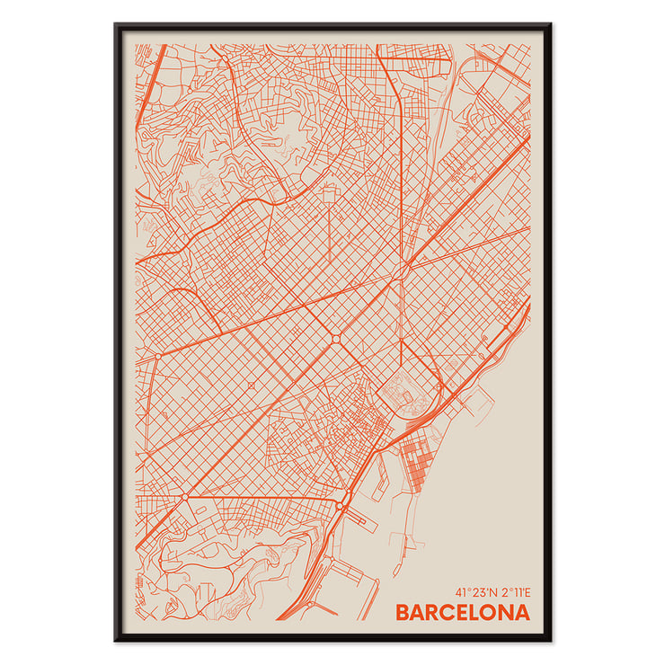 Minimalist map of Barcelona by Moryarty Poster showing a minimalist map of Barcelona titled Minimalist Map of Barcelona 1 by Moryarty with red lines on a beige background.