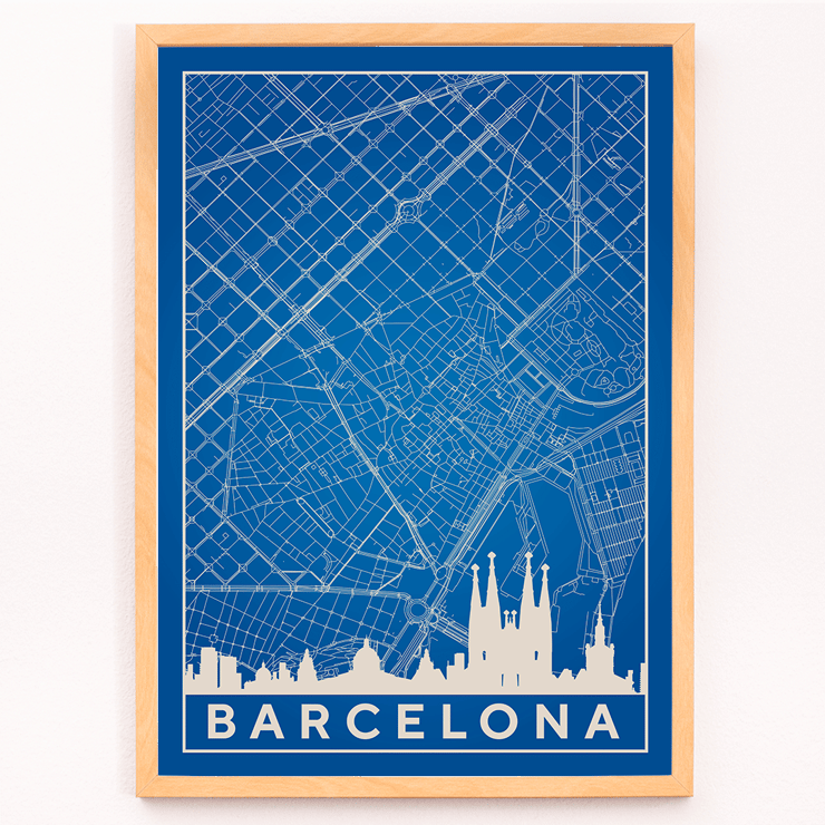 Minimalistische Karte von Barcelona von Moryarty mit ikonischen Sehenswürdigkeiten und Straßenverlauf in Blau und Weiß Poster zeigt eine detaillierte blaue minimalistische Karte von Barcelona mit der Skyline der Sehenswürdigkeiten mit dem Titel Minimalistische Karte von Barcelona 2 von Moryarty