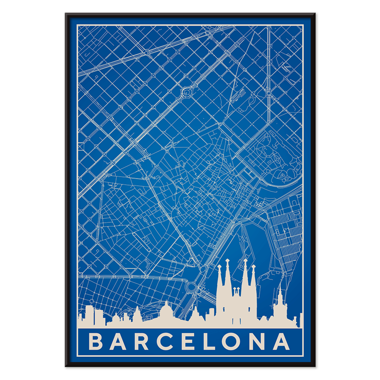 Minimalistische Karte von Barcelona von Moryarty mit ikonischen Sehenswürdigkeiten und Straßenverlauf in Blau und Weiß Poster zeigt eine detaillierte blaue minimalistische Karte von Barcelona mit der Skyline der Sehenswürdigkeiten mit dem Titel Minimalistische Karte von Barcelona 2 von Moryarty