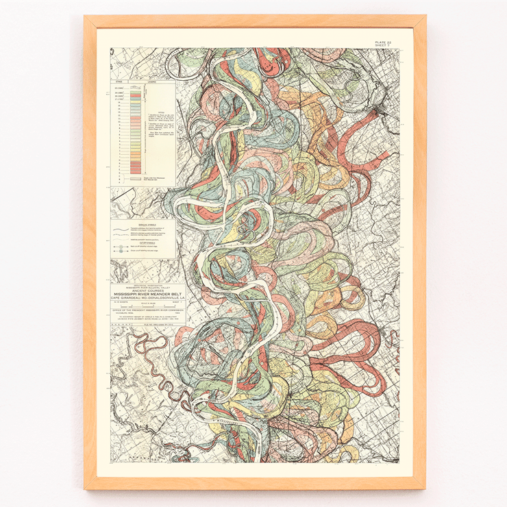 Colorful map of the Mississippi River showing historical meanders by Harold Fisk titled Alluvial Valley of the Mississippi River Poster of Harold Fisk's artwork titled Alluvial Valley of the Mississippi River depicting colorful meander patterns of the river