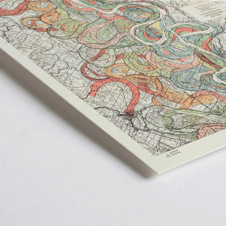 Colorful map of the Mississippi River showing historical meanders by Harold Fisk titled Alluvial Valley of the Mississippi River Poster of Harold Fisk's artwork titled Alluvial Valley of the Mississippi River depicting colorful meander patterns of the river