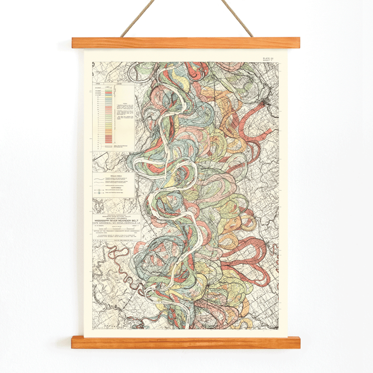 Colorful map of the Mississippi River showing historical meanders by Harold Fisk titled Alluvial Valley of the Mississippi River Poster of Harold Fisk's artwork titled Alluvial Valley of the Mississippi River depicting colorful meander patterns of the river