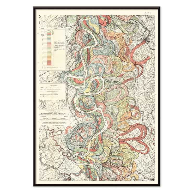 Colorful map of the Mississippi River showing historical meanders by Harold Fisk titled Alluvial Valley of the Mississippi River Poster of Harold Fisk's artwork titled Alluvial Valley of the Mississippi River depicting colorful meander patterns of the river