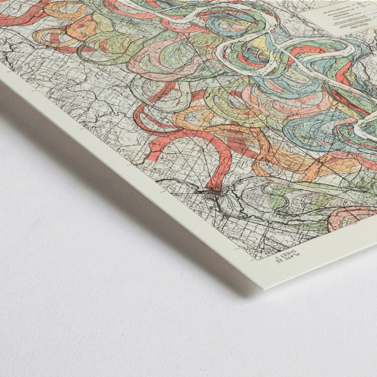 Colorful topographic map illustrating the Mississippi River by Harold Fisk titled Ancient Courses of the Mississippi River Poster showing colorful swirls and paths in a historic map of the Mississippi River titled Ancient Courses of the Mississippi River by Harold Fisk