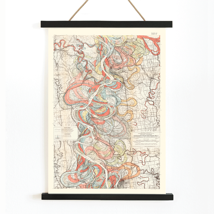 Colorful topographic map illustrating the Mississippi River by Harold Fisk titled Ancient Courses of the Mississippi River Poster showing colorful swirls and paths in a historic map of the Mississippi River titled Ancient Courses of the Mississippi River by Harold Fisk