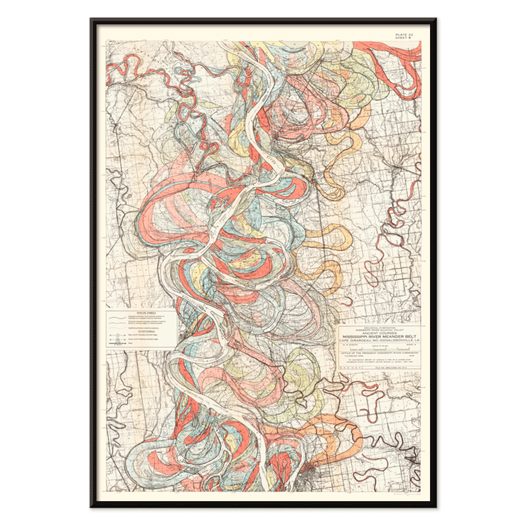 Colorful topographic map illustrating the Mississippi River by Harold Fisk titled Ancient Courses of the Mississippi River Poster showing colorful swirls and paths in a historic map of the Mississippi River titled Ancient Courses of the Mississippi River by Harold Fisk