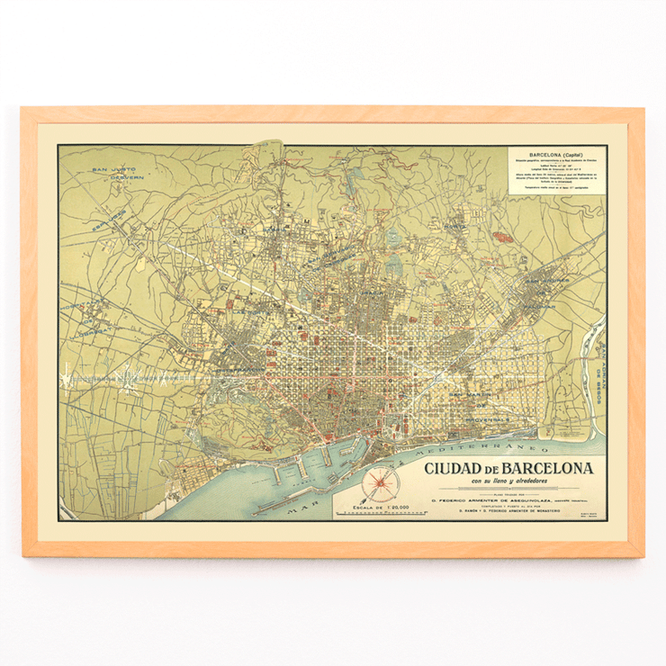 Antique map of Barcelone by D Francisco Coello and D Antonio Sans Poster featuring an antique map of Barcelona titled Ciudad de Barcelona with detailed city streets and surrounding areas.
