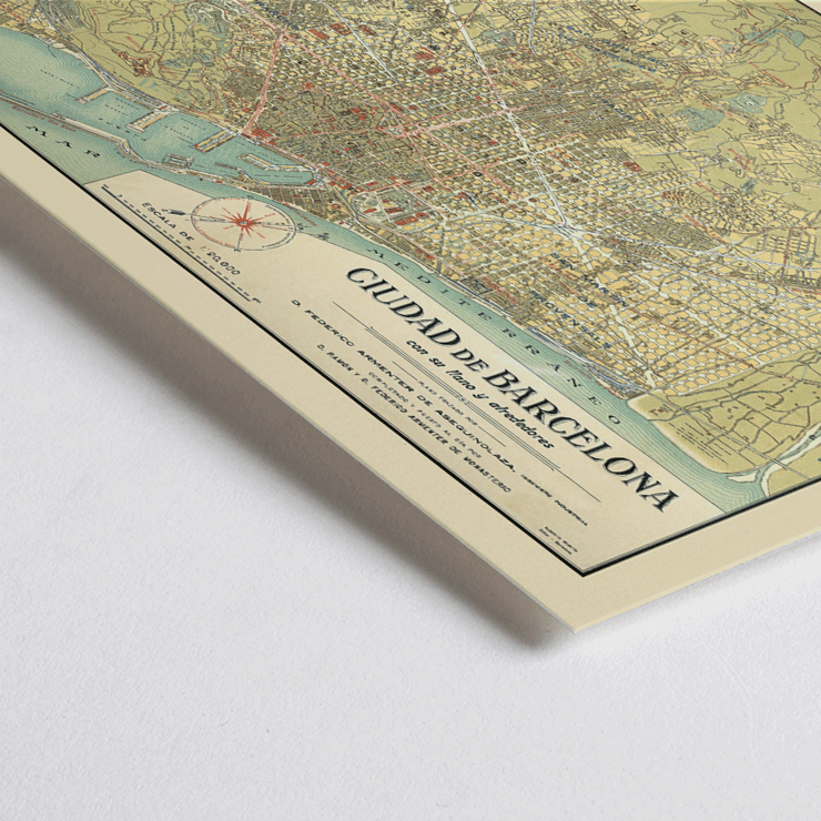 Antique map of Barcelone by D Francisco Coello and D Antonio Sans Poster featuring an antique map of Barcelona titled Ciudad de Barcelona with detailed city streets and surrounding areas.
