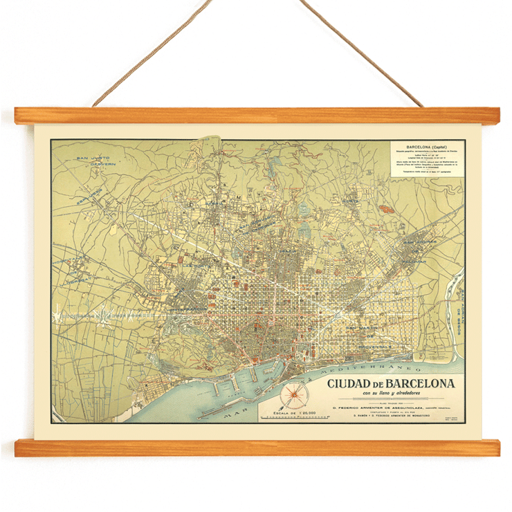 Antique map of Barcelone by D Francisco Coello and D Antonio Sans Poster featuring an antique map of Barcelona titled Ciudad de Barcelona with detailed city streets and surrounding areas.