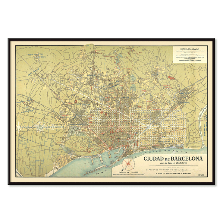 Antique map of Barcelone by D Francisco Coello and D Antonio Sans Poster featuring an antique map of Barcelona titled Ciudad de Barcelona with detailed city streets and surrounding areas.