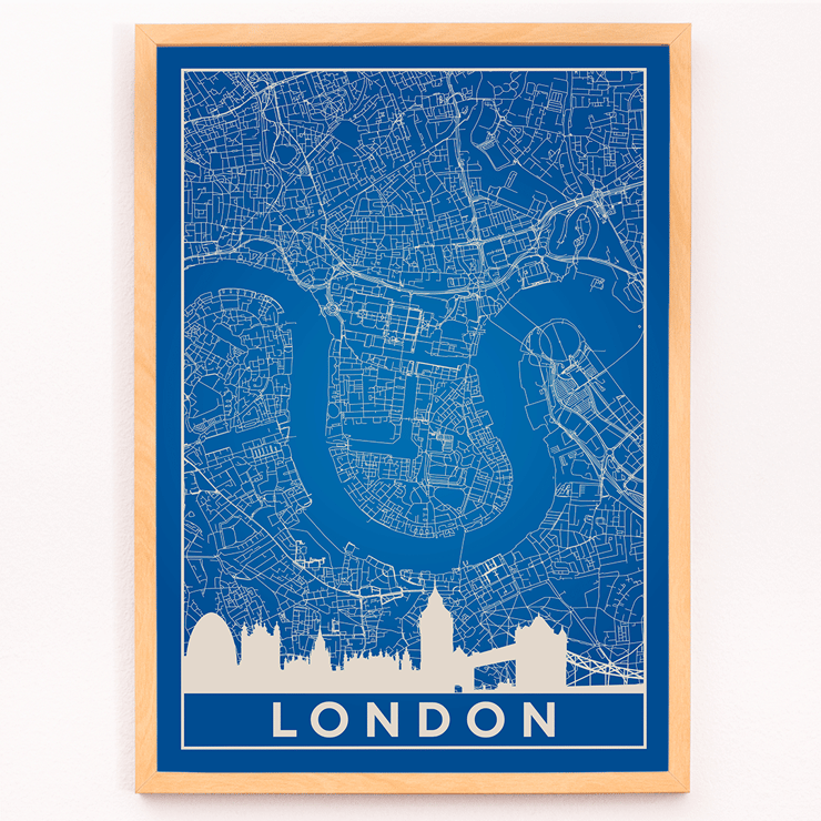 Detailed London Map Artwork titled Minimalist London Map by the artist Poster of a minimalist London map artwork with blue background and white map details artist Anonymous featuring major landmarks