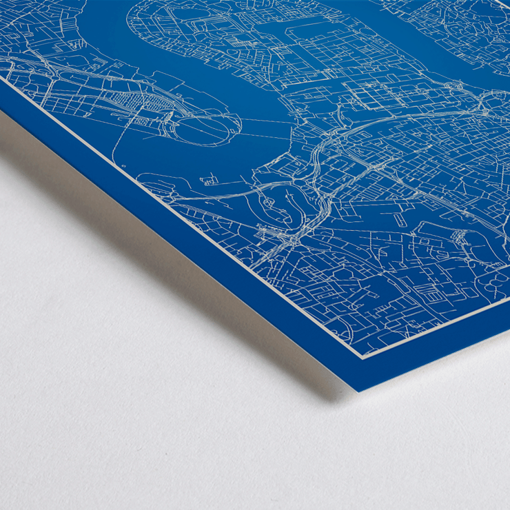 Detailed London Map Artwork titled Minimalist London Map by the artist Poster of a minimalist London map artwork with blue background and white map details artist Anonymous featuring major landmarks