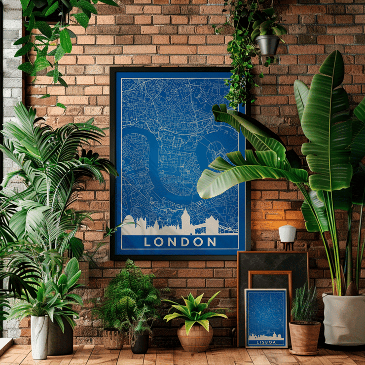 Detailed London Map Artwork titled Minimalist London Map by the artist Poster of a minimalist London map artwork with blue background and white map details artist Anonymous featuring major landmarks