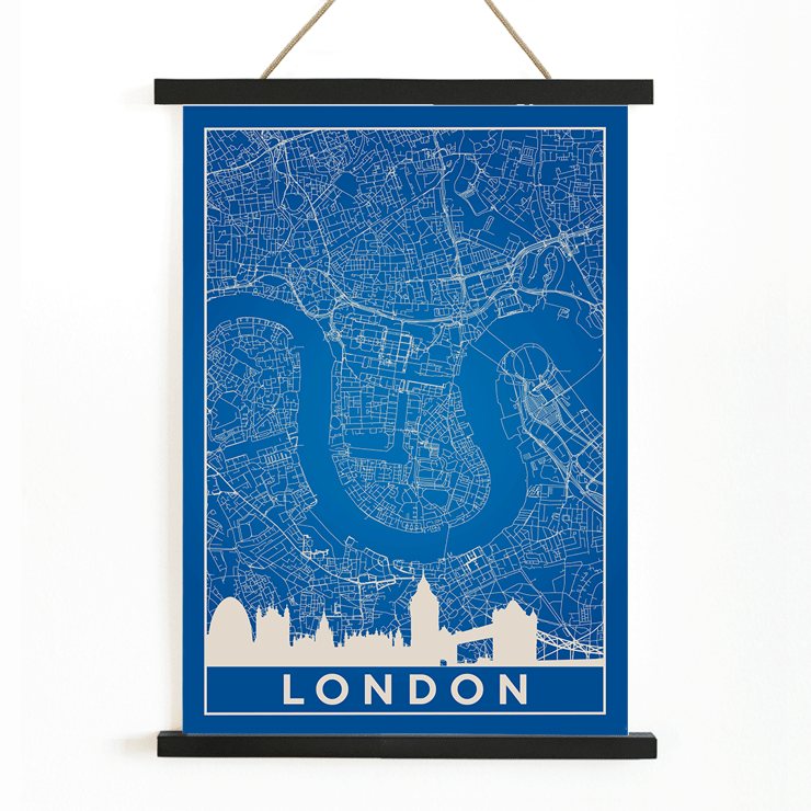 Detailed London Map Artwork titled Minimalist London Map by the artist Poster of a minimalist London map artwork with blue background and white map details artist Anonymous featuring major landmarks