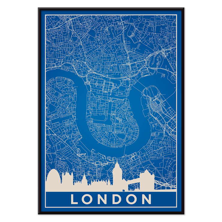 Detailed London Map Artwork titled Minimalist London Map by the artist Poster of a minimalist London map artwork with blue background and white map details artist Anonymous featuring major landmarks
