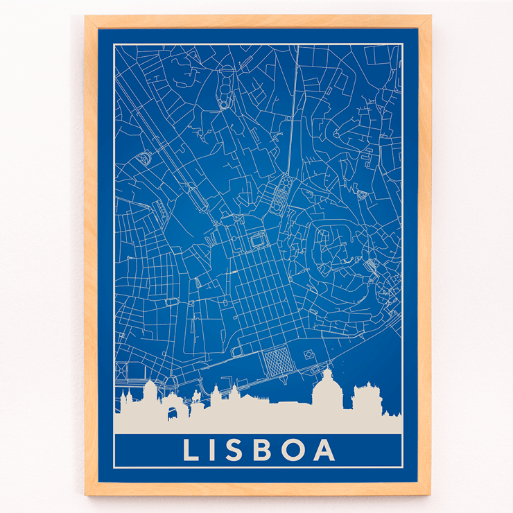 Minimalist Lisbon Map artwork by artist features a blue and white city map and skyline of Lisbon. Poster featuring a minimalist map of Lisbon in blue and white tones with a silhouette of city landmarks titled Minimalist Lisbon Map