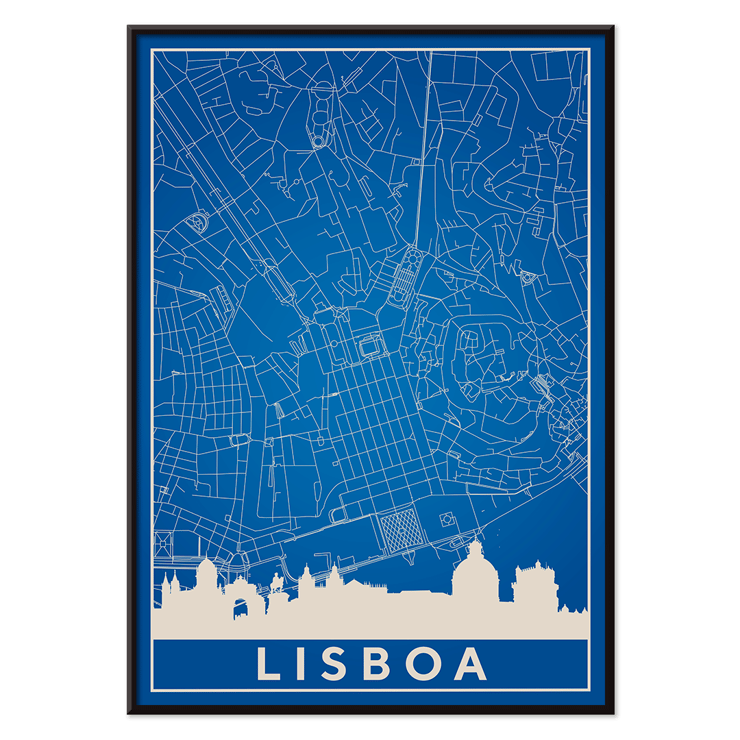 Minimalist Lisbon Map artwork by artist features a blue and white city map and skyline of Lisbon. Poster featuring a minimalist map of Lisbon in blue and white tones with a silhouette of city landmarks titled Minimalist Lisbon Map