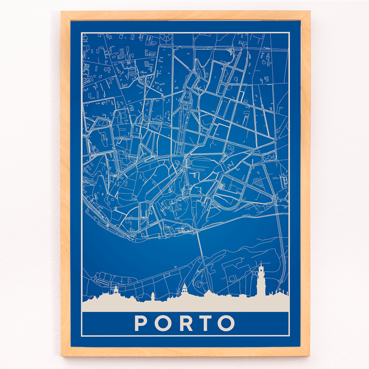 Abstract Blue Map of Porto Minimalist Porto Map Framed poster featuring a minimalist map of Porto with blue background and white lines created by Minimalist Porto Map.