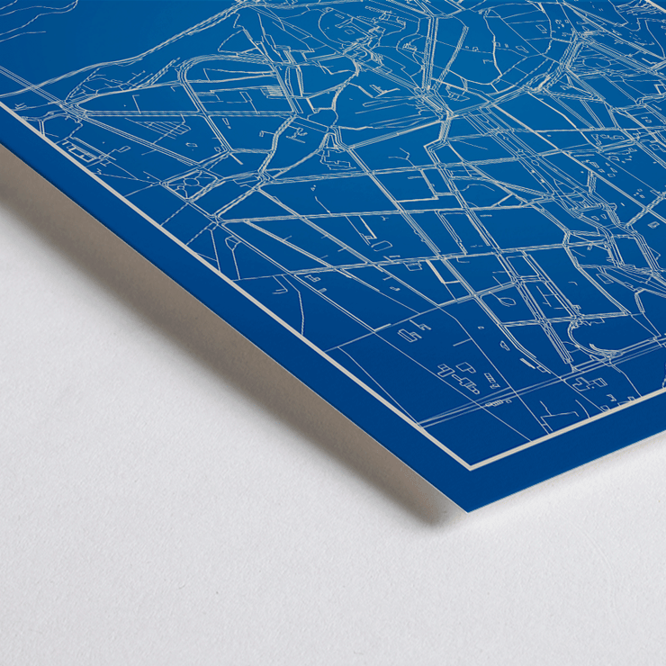 Abstract Blue Map of Porto Minimalist Porto Map Framed poster featuring a minimalist map of Porto with blue background and white lines created by Minimalist Porto Map.