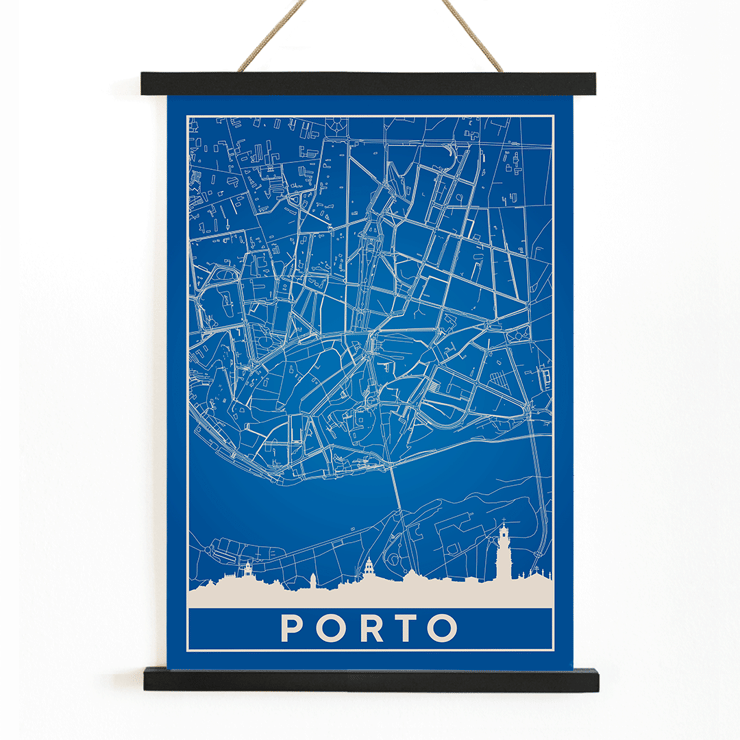 Abstract Blue Map of Porto Minimalist Porto Map Framed poster featuring a minimalist map of Porto with blue background and white lines created by Minimalist Porto Map.