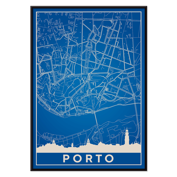 Abstract Blue Map of Porto Minimalist Porto Map Framed poster featuring a minimalist map of Porto with blue background and white lines created by Minimalist Porto Map.