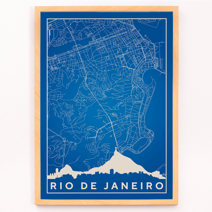Minimalist blue and white Rio de Janeiro map artwork by Moryarty Poster of a minimalist Rio de Janeiro map created by Moryarty featuring detailed street lines and a silhouette of the city skyline.