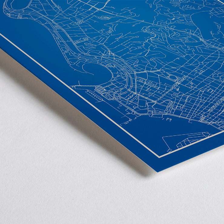 Minimalist blue and white Rio de Janeiro map artwork by Moryarty Poster of a minimalist Rio de Janeiro map created by Moryarty featuring detailed street lines and a silhouette of the city skyline.