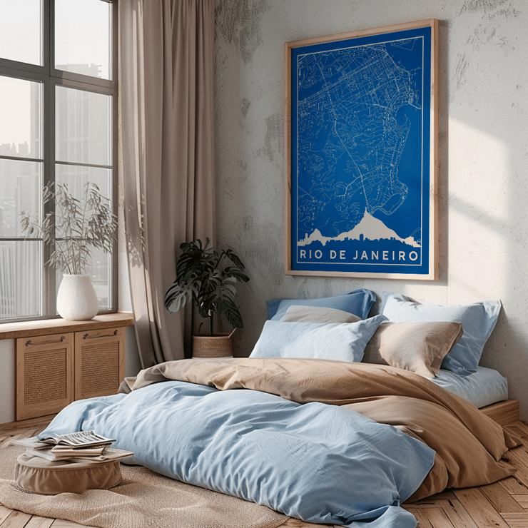 Minimalist blue and white Rio de Janeiro map artwork by Moryarty Poster of a minimalist Rio de Janeiro map created by Moryarty featuring detailed street lines and a silhouette of the city skyline.