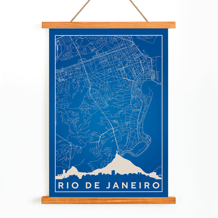Minimalist blue and white Rio de Janeiro map artwork by Moryarty Poster of a minimalist Rio de Janeiro map created by Moryarty featuring detailed street lines and a silhouette of the city skyline.