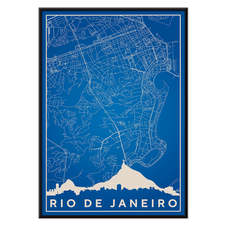 Minimalist blue and white Rio de Janeiro map artwork by Moryarty Poster of a minimalist Rio de Janeiro map created by Moryarty featuring detailed street lines and a silhouette of the city skyline.