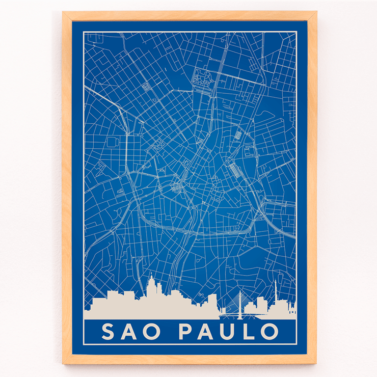 Minimalist Sao Paulo Map by Minimalist Poster of a minimalist blue map of Sao Paulo city with white street lines and skyline created by artist Anonymous titled Minimalist Sao Paulo Map