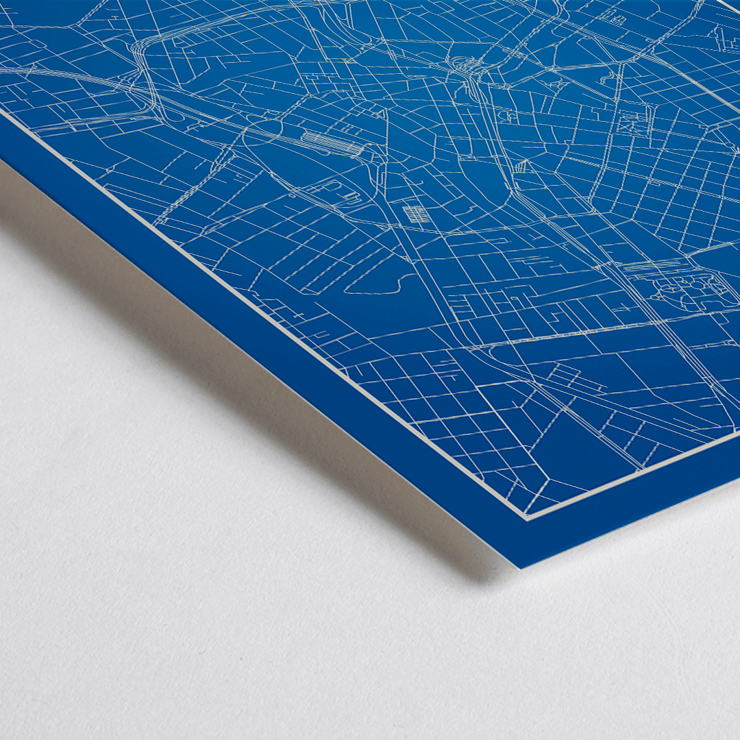 Minimalist Sao Paulo Map by Minimalist Poster of a minimalist blue map of Sao Paulo city with white street lines and skyline created by artist Anonymous titled Minimalist Sao Paulo Map