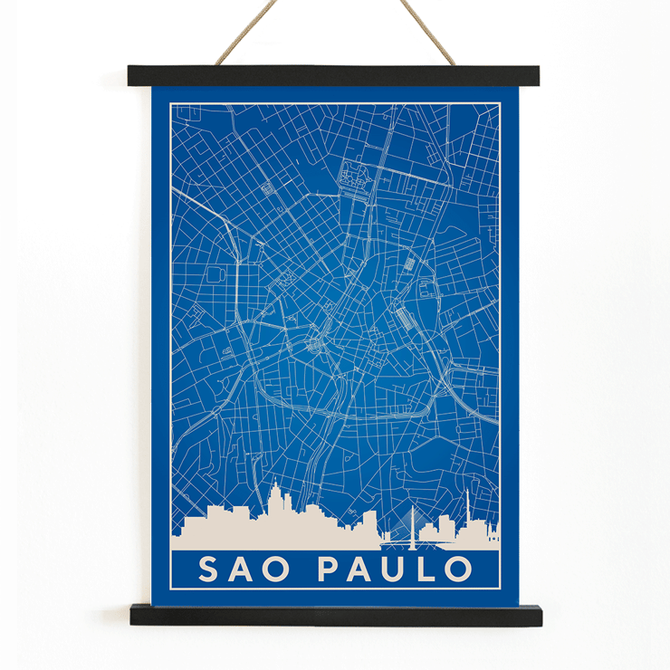 Minimalist Sao Paulo Map by Minimalist Poster of a minimalist blue map of Sao Paulo city with white street lines and skyline created by artist Anonymous titled Minimalist Sao Paulo Map