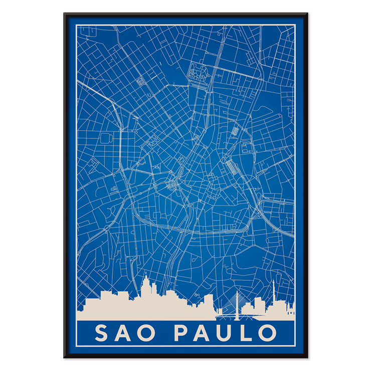 Minimalist Sao Paulo Map by Minimalist Poster of a minimalist blue map of Sao Paulo city with white street lines and skyline created by artist Anonymous titled Minimalist Sao Paulo Map