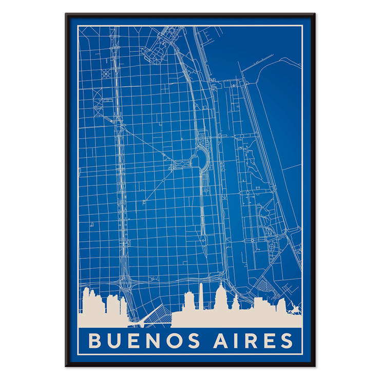 Mappa di Buenos Aires minimalista da parete di Minimalist Poster con una mappa minimalista di Buenos Aires realizzata dall'artista Minimalist Buenos Aires Map con strade e punti di riferimento della città.