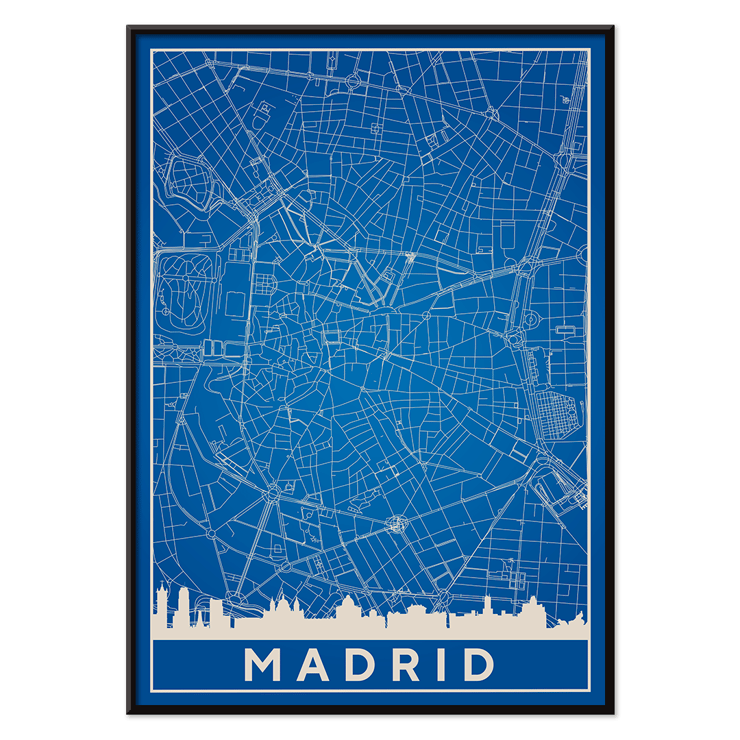 Minimalistische Madrid Karte von Artist Name zeigt eine detaillierte blau-weiß Stadtplan mit Silhouetten Poster einer minimalistischen Karte von Madrid in Blau und Weiß mit Straßendetails mit dem Titel „Minimalistische Madrid-Karte“ von Anonymous
