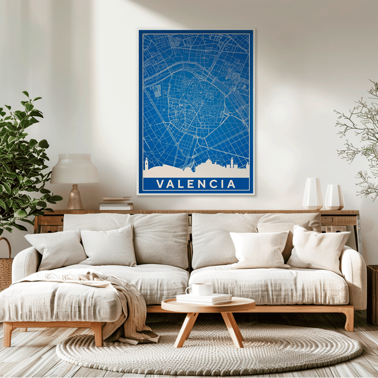 Mappa minimalista di Valencia dell'artista Minimalista Poster presenta una mappa minimalista dettagliata di Valencia in bianco e blu con lo skyline della città, intitolata Mappa minimalista di Valencia dall'artista.