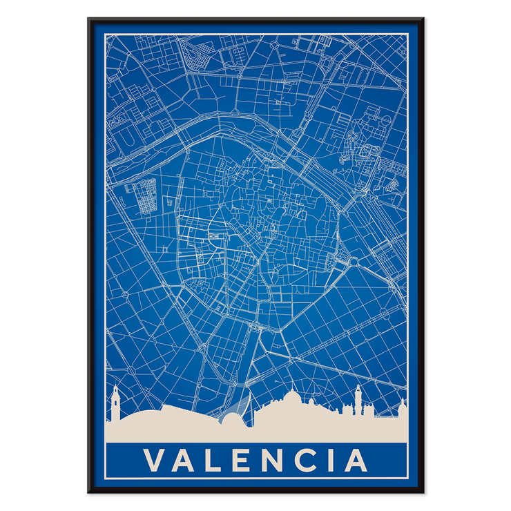 Mappa minimalista di Valencia dell'artista Minimalista Poster presenta una mappa minimalista dettagliata di Valencia in bianco e blu con lo skyline della città, intitolata Mappa minimalista di Valencia dall'artista.
