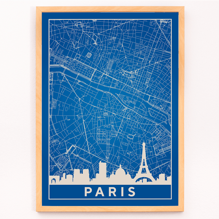 Pariser Stadtplan-Kunstwerk von Minimalist Paris Map Poster zeigt eine detaillierte blau-weiße Karte von Paris mit markanten Sehenswürdigkeiten und dem Eiffelturm mit dem Titel „Minimalistische Karte von Paris“.