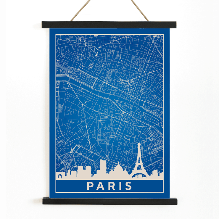Pariser Stadtplan-Kunstwerk von Minimalist Paris Map Poster zeigt eine detaillierte blau-weiße Karte von Paris mit markanten Sehenswürdigkeiten und dem Eiffelturm mit dem Titel „Minimalistische Karte von Paris“.