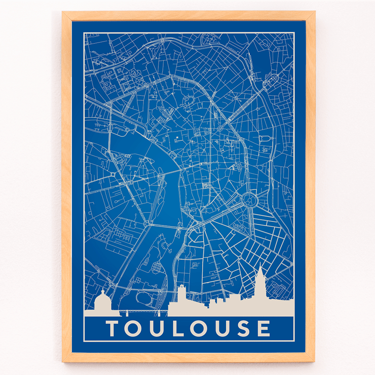 Blau-weiße minimalistische Karte von Toulouse von Minimalist Toulouse Map Poster zeigt eine blaue minimalistische Karte von Toulouse mit weißen Gebäudesilhouetten am unteren Rand; Kunstwerk mit dem Titel „Minimalistische Karte von Toulouse“