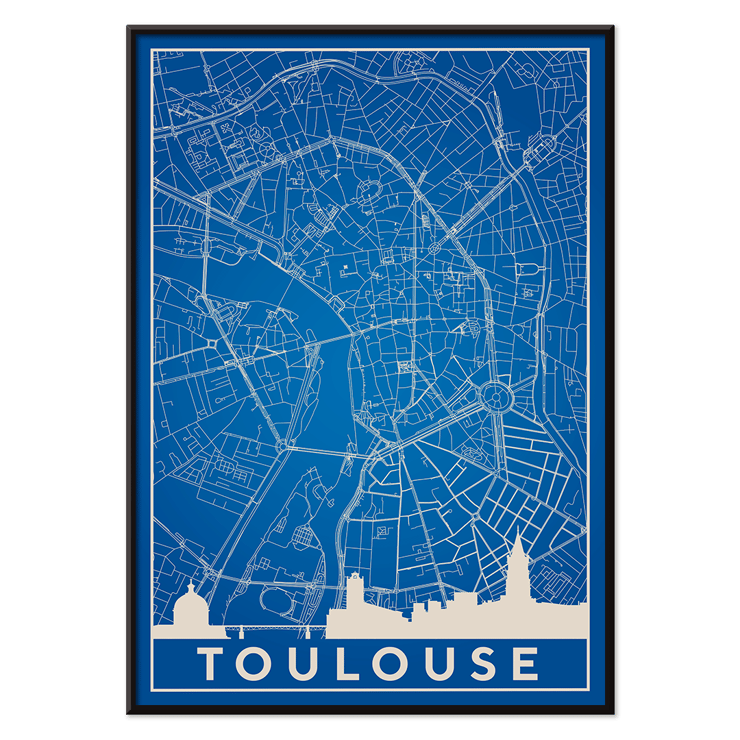 Blau-weiße minimalistische Karte von Toulouse von Minimalist Toulouse Map Poster zeigt eine blaue minimalistische Karte von Toulouse mit weißen Gebäudesilhouetten am unteren Rand; Kunstwerk mit dem Titel „Minimalistische Karte von Toulouse“