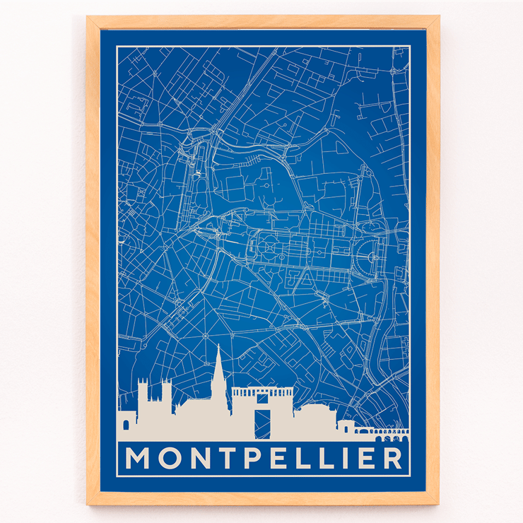 Art print featuring a minimalist map of Montpellier by Minimalist Montpellier Map. Poster featuring a detailed blue and white map of Montpellier with city landmarks and the title Minimalist Montpellier Map